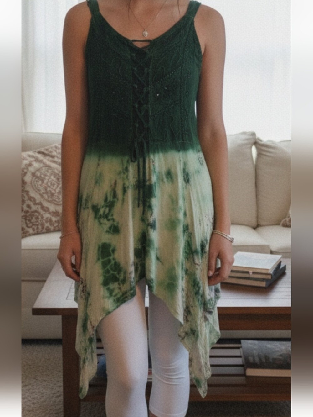 Green Tie-Dye Victorian Look Lace-Up Handkerchief Hem Tank Style Tunic fits M